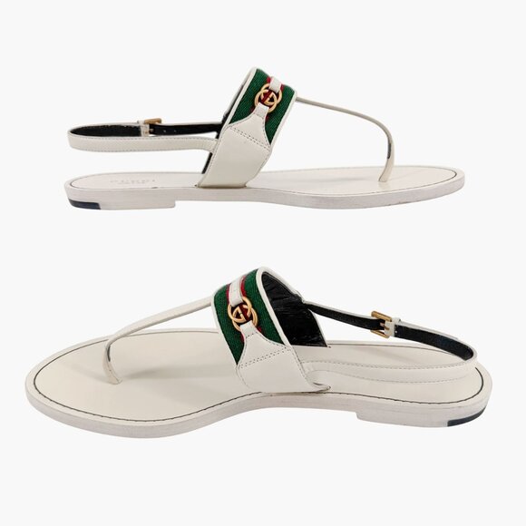 Gucci Jakarta GG T-Strap Flat Sandals Size 39.5 US 9.5 White Interlock Thong - Picture 10 of 14